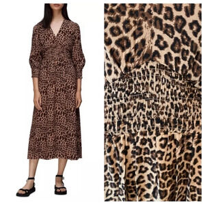 Whistles Jungle Cheetah Shirred Midi Dress leopard animal print 16891